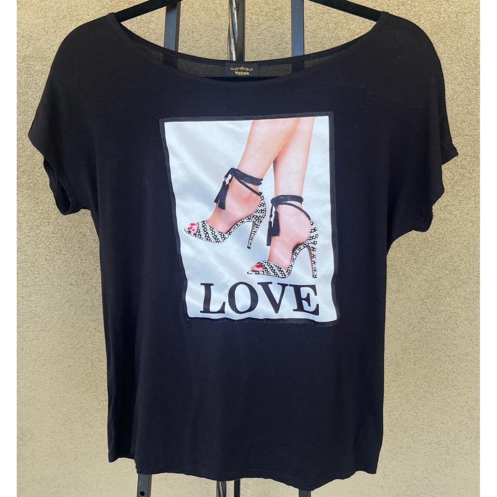 Yabes USA Graphic Tee Love Heels Print Short Sleeve Tshirt Embellished Valentine